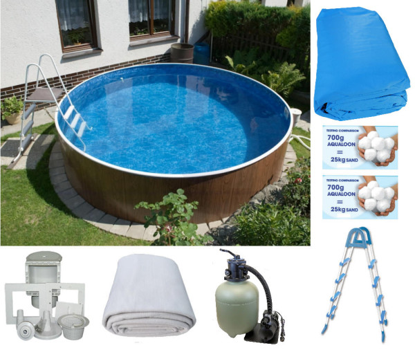 Rundpool-Set Holzoptik 4,60x1,20m Folie blau Skimmer, Leiter, Premium 300 O, 2x700 g Aqualoon, Vlies