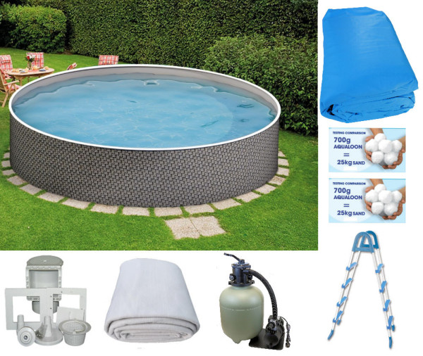 Rundpool-Set Rattanoptik 4,60 x 1,20 m mit Skimmer, Leiter, Premium 300 O, 2 x 700 g Aqualoon, Vlies